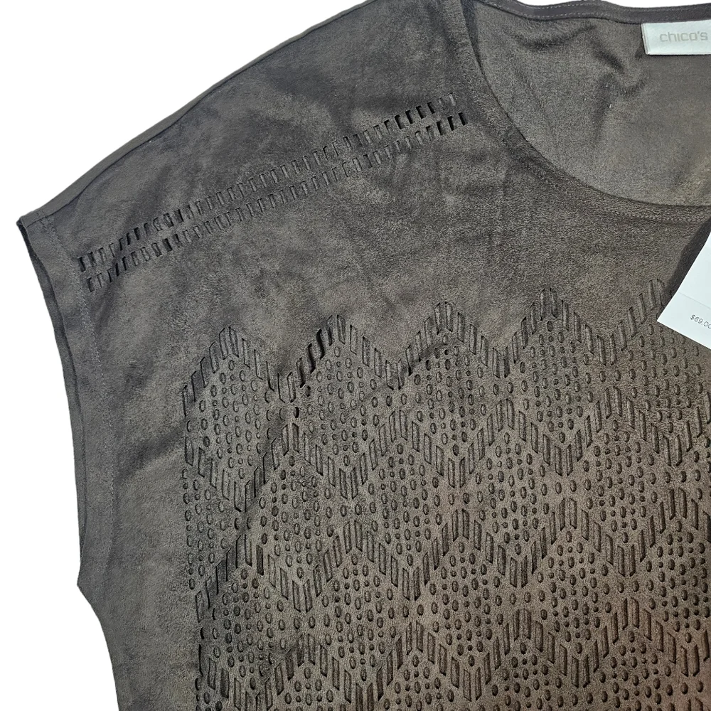 Chicos Chocolate Brown Ultra Suede Coquette Top Size 2 US 12 Large Sheer Blouse - Picture 8 of 12